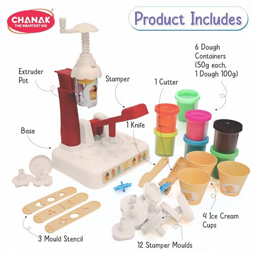 Image of Chanak Toys Play Dough Ice Cream Maker Set, Safe Non-Toxic Dough Ice Cream Maker Including 6 Color Dough Tubes Each 50g + 1(100gm) for Boys Girls, Above 3+ Age (White)