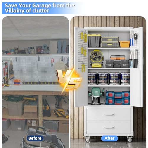Image of Metal Garage Storage Cabinet with Wheels, 2 Drawers and Pegboard, White