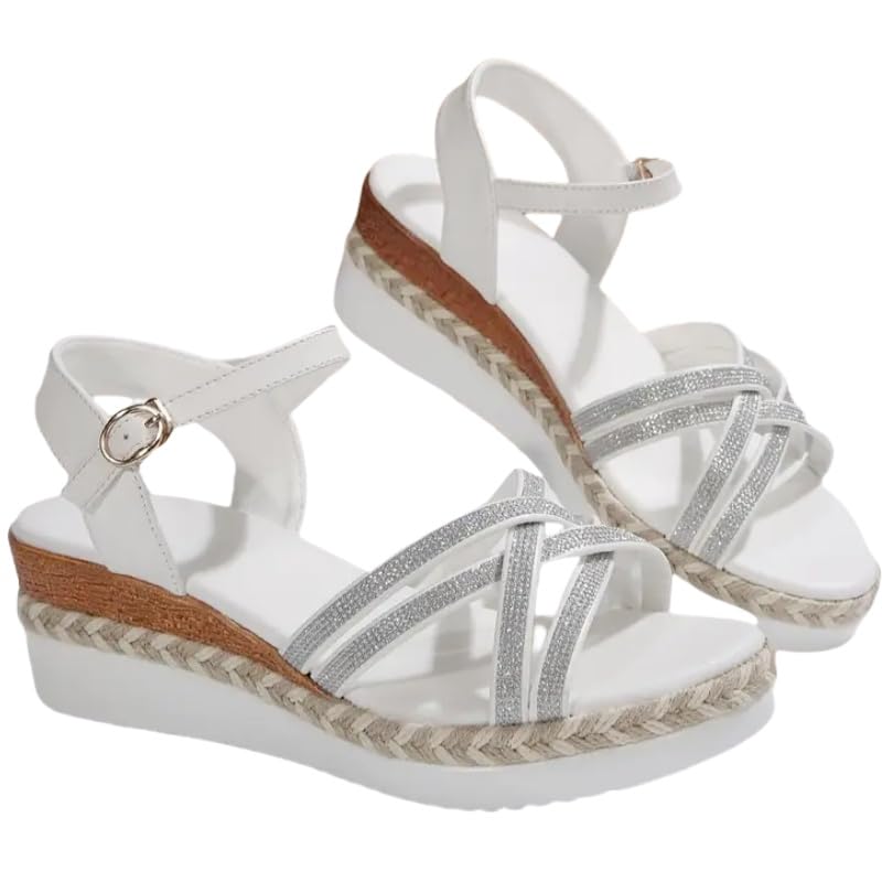 Summer women's thick-soled slope-heel sandals with a fashionable cross design, silver large-sized beach daily outdoor