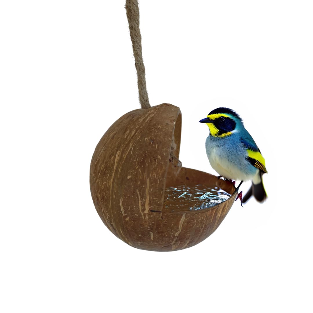 M-Tech Gardens Coconut Shell Small Bird Feeder or Drinker 100% Natural Coconut Shell Semi-Polished (10cm - Pack of 1)