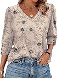 XIEERDUO Womens Tops Dressy Casual V Neck Summer School Outfits 3/4 Length Sleeve Tops Floral Blouses Beach Vacation Early Fall Fashion Clothes 2026 F-Khaki Ink Floral XL
