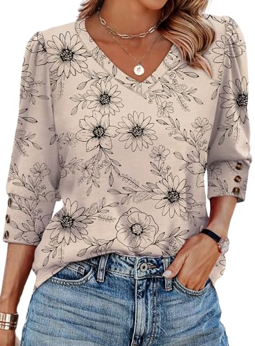 XIEERDUO Blouses for Women Dressy Casual V Neck Summer 3/4 Length Sleeve Tops Floral Fall Fashion Shirts Beach Vacation Clothes F-Khaki Ink Floral L