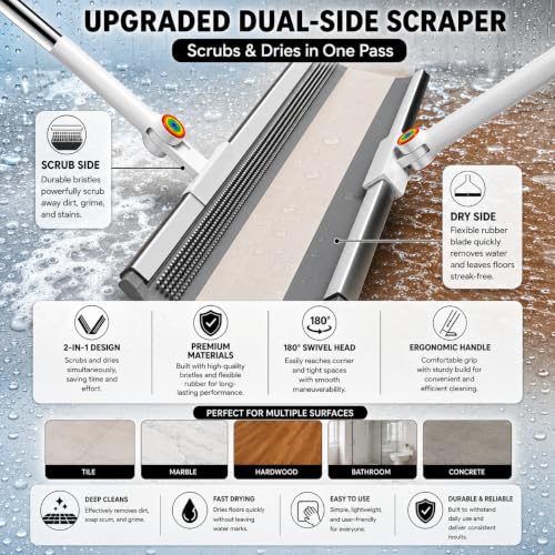 Image of Rubber Squeegee Broom for Floor, Broom with Scrubbing Teeth, Silicone Pet Hair Remover,Magic Squeegee Broom Removes Water Spots, Stains, Grease, and Glass Surfaces. (Wiper+Scruber 2 in 1)