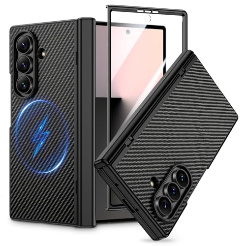 HWeggo für Galaxy Z Fold 7 Hülle Magnetisch Schlankes PU Leder Schutzhülle für Samsung Z Fold 7 5G [Scharnierschutz] Carbonfaser Schwarz