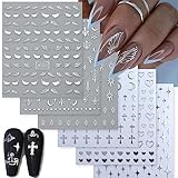 8 Sheets Silver Nail Art Stickers Decals Angel Wings Crosses Nail Stickers Sun Stars Moon Totem Design Nail Decals 3D Self-Adhesive Nail Stickers for Women Manicure Decoration