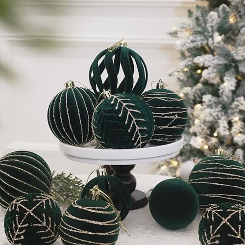 Image of 4inch Velvet Ornaments for Christmas Tree, 9PCS Glitter Flocked Christmas Ornaments Decorations Balls Set Decor Green