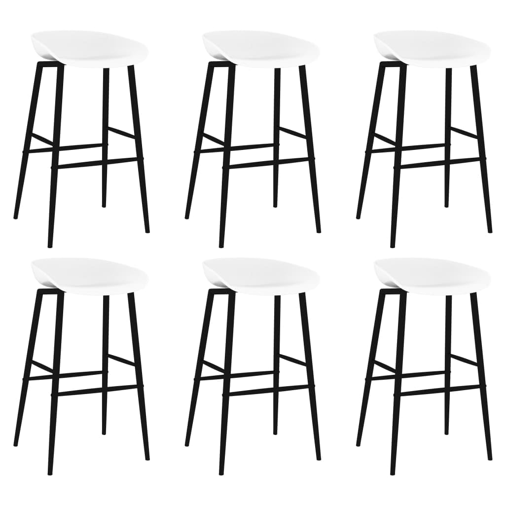 Juego de 7 barras blancas con mesa de mostrador moderna, tablero de fibra de densidad media resistente y patas metálicas en imitación de madera, así como 6 taburetes de bar de polipropileno