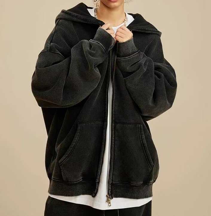 Men's Zip-Up Hoodies Solid Hip-Hop Y2K Oversize Wash Old Craft Basic Hoodies Heavyweight Casual Fit Sweatshirt4