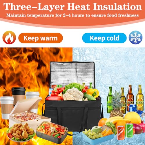 PEASUG XXXL Insulated Bags for Food Delivery with Removable Hard Bottom,Pizza Delivery Bags, Large Capacity Cooler Bag Keep Food Warm for Grocery Shopping and Catering, Foldable, Heavy-Duty (Black) - Thumbnail 6