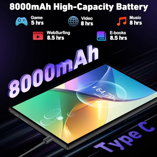 2026 Tablet 10 Inch Android 15 with Gemini AI, 30GB RAM+128GB ROM(TF 2TB), GMS, 8000mAh, Face ID, Octa Core 2.0GHz/BT5.0/GPS/Widevine L1/8MP+5MP/Widgets/5G WiFi Tablet with Keyboard & Mouse - Black - Image 4