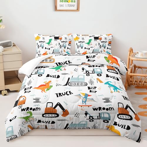 AILONEN Juego de ropa de cama para niños, diseño de camión de dinosaurio, tamaño Queen, edredón de excavadora de grúa de construcción con 2 fundas de almohada, juego de edredón suave Kawaii para niños