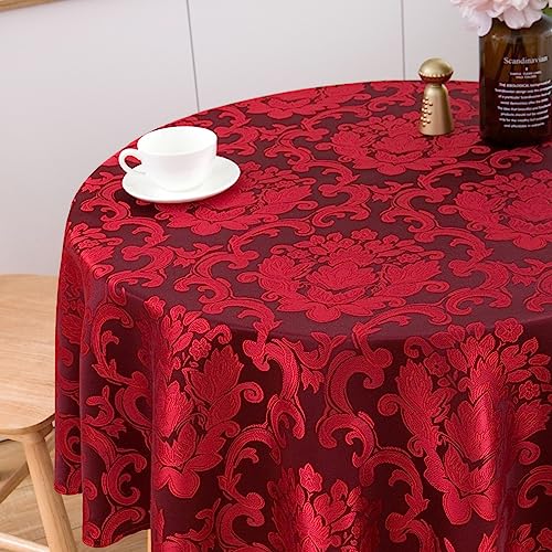 SPRICA Round Jacquard Tablecloth 150cm Classic Flower Pattern Thick Heavy Weight Soft Table Cover, Machine Washable, Burgundy