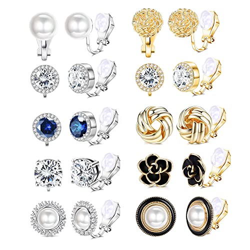 JeryWe 10 paires de boucles d'oreilles à clip pour femmes Boucles d'oreilles à clip non percées avec fleur en CZ simulant une perle d'eau douce et un noeud...