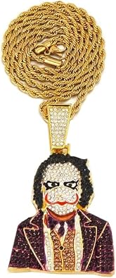 Iced Gold Silver Plated Large Joker Cubic Zirconia Bling Pendant 5mm 30" Rope Chain Hip Hop Style Jewelry Necklace Gift for Men, Women, Halloween Party