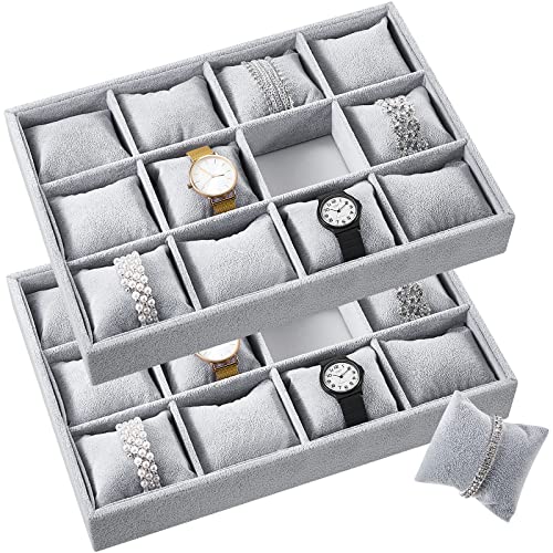Henoyso 2 Pieces Velvet Watch Tray Jewelry Organizer 12 Grid Stackable Watch Organizer Tray Bracelet Bangle Watch Display Holder Adjustable Pillow(Gray)