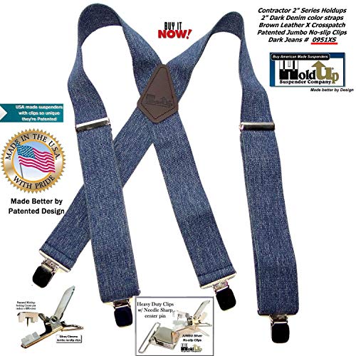 Holdup Contractor Series Dark Jeans Xs 2" Wide X-Back Work Suspenders With Usa Patented No-Slip Clips #TOP5