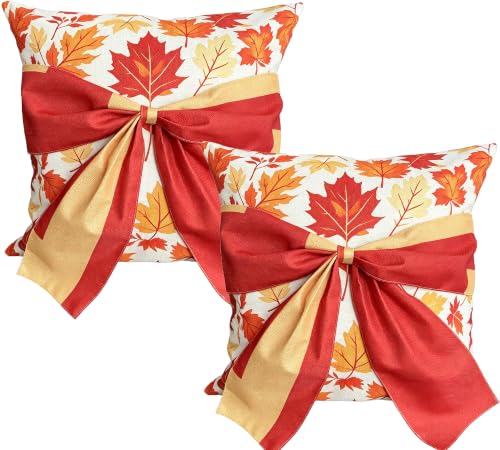 Farmhouse Fall Red-Orange Throw Pillow Cover – 18x18 Maple Leaf Bow Pillow Case – Set of 2 Square Cushion Cover, Great for Fall Home Decor on Living Room Sofa, Bedroom, Chair, Yard, Outdoor and More
