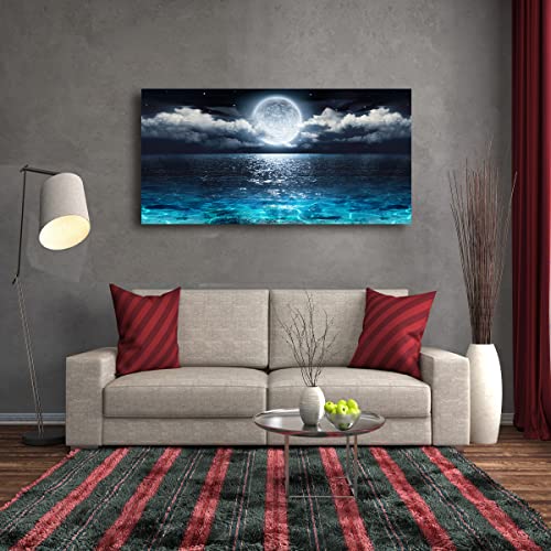 Image of Wall Art Moon Sea Ocean Landscape Picture Canvas Wall Art Print Paintings Modern Artwork for Living Room Wall Decor and Home Decor Framed Ready to Hang,28x57inches,1inch Thick Frame,Waterproof Artwork