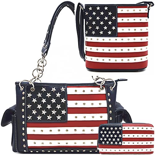 WESTERN ORIGIN American Flag USA Patriotic Purse Stars and Stripe Handbag Women Shoulder Bag Studs Crossbody Wallet Blue