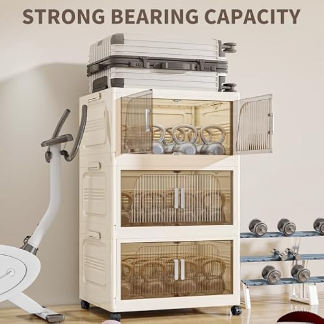 KHNR 550Qt Stackable Storage Bins with Lid, 5Packs Closet Organizer and Storaging Drawer, Collapsible Storage Box with Wheels, Plastic Clothes Storage Cabinet Containers for Home, Office