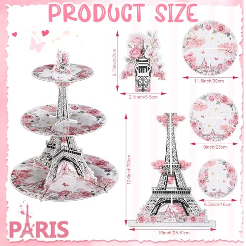 Honeydak 3 Tier Paris Party Cupcake Stand Decorations Pink Paris Theme Cupcake Holder Decorations Eiffel Tower Dessert Tower for Kids European City Landscape Pink Theme Party Birthday Supplies