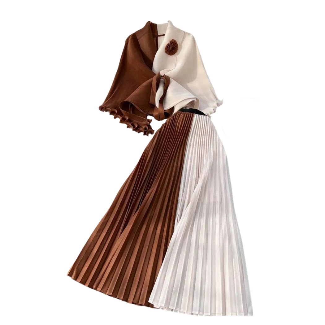 Conjunto de falda plisada de dos piezas para mujer, sin mangas, con lazo en la cintura, cintura alta, falda midi para viajes y oficina, Color café albaricoque, Altoa única