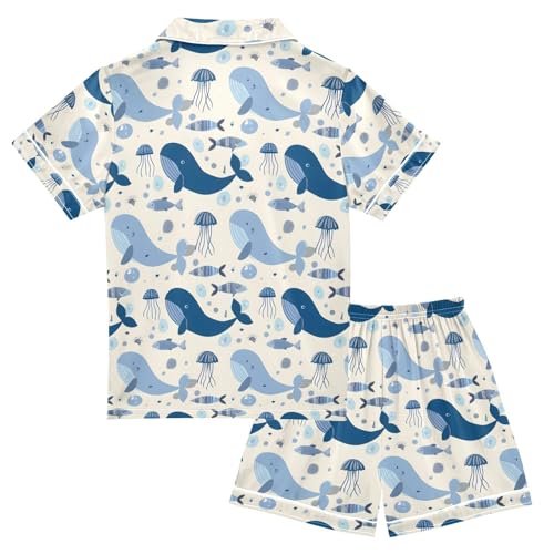 ALAZA Maritime Abstract Whale Jellyfish Pajamas Satin Pajama Set Short Sleeve Button Down Sleepwear2