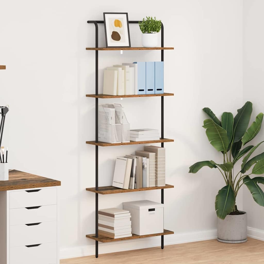 Bücherregal 5 Ebenen 60 x 24 x 168 cm Holzwerkstoff Altholz Stahlständer Standregal Wandregal Raumteiler