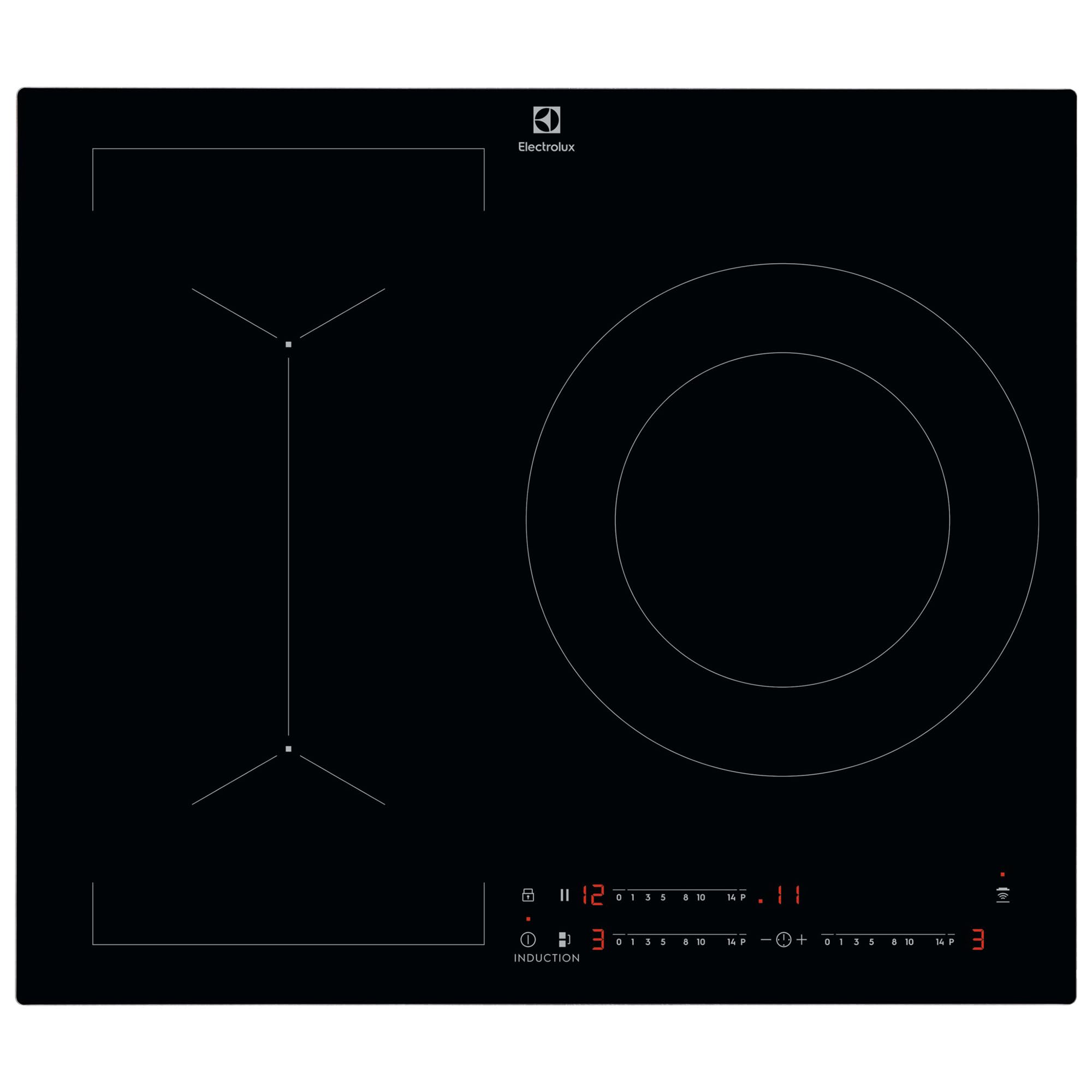 Electrolux LIV63340CK – Placa de Inducción Serie 600 Bridge, 60 cm, 3 Zonas, Zona 28 cm 3,7 kW, Función Puente, Control Táctil Deslizante 0-14, Temporizador, Pausa, Hob2Hood, Sin Marco