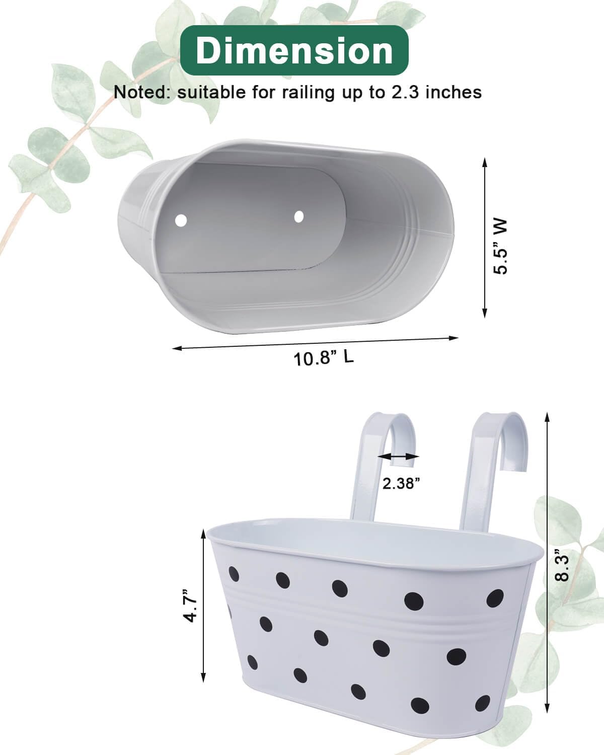 Railing planter box - 3 Pack Metal Hanging Flower Pots with Detachable Hooks & Drainage Holes, Window Oval Bucket Fence Hanging Planters for Outdoor Plants Garden Balcony Home Decor, White with Spot