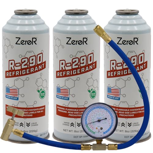 ZeroR R290 AC Refrigerant Recharge Kit | 14 Hose Can Tap with Gauge | 3-8oz Cans