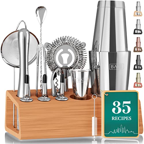 Pro Mixology Bartender Set Bar Kit | 14-Piece Boston Cocktail Shaker Set | Professional Barware Mixing Tools For Home Bartending | Bamboo Stand & Recipe Cards | Gift Set For Him & Her (Natural) #TOP29