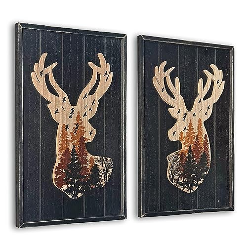 WAIU Cabin Wall Decor, Decorative Deer Wood Framed Forest Mountain Woodland Wildlife Lodge Elk Animal Picture Art Print Wall Decor, 10 x 14 Inches Set of 2