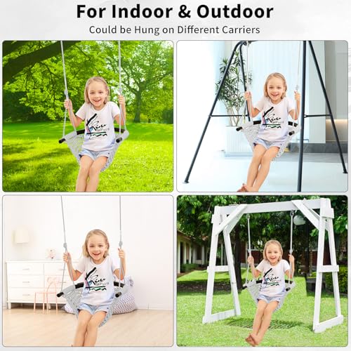 Image of Hi-Na Tree Swing for Kids, Adjustable Toddler Rope Swing Seat with Snap Hooks and Straps, 440 lbs Capacity, Swingset Accessories for Indoor Porch Doorway Outdoor Playground Backyard (Gray)