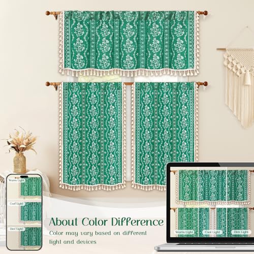 Image of Yinhua Boho Kitchen Curtains 36 Inch Length Vintage Linen Cafe Curtains Light Filtering Bohemian Floral Tier Rod Pocket Farmhouse Rustic Tassel Small Drapes with Tiebacks, 2 Panels, Teal