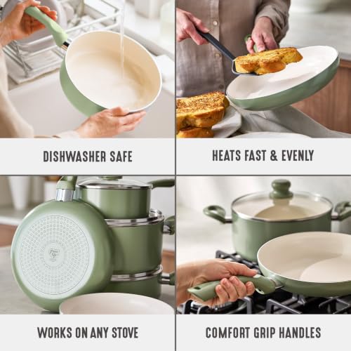 Image of GreenLife 16pc Ceramic Nonstick Pots & Pans Cookware Set, Sage Green | PFAS-Free Nonstick Coating, Stockpot, Frying Pans, Saucepan, Saute, Induction Ready, All Stovetop Compatible, Dishwasher Safe