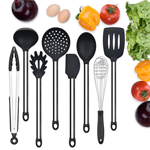 Liyoung Set of 10 Silicone Non-Toxic Non-Stick Kitchenware Kitchen Utensils Series (8 pièces Poignées en Acier Inoxydable)