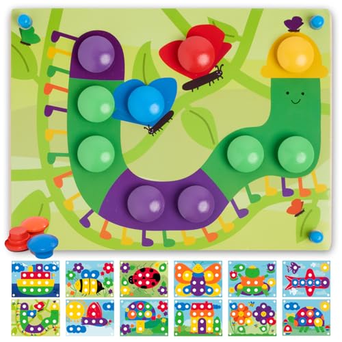 Nene Toys Gioco Chiodini, Puzzle per Bambini di 2+ Anni, Puzzle Educativo in Legno per Bambini di 2 3 Anni - Giocattoli Montessori con Chiodini Colorati e Carte Abbinate - Regalo Didattico Bimbo Bimba