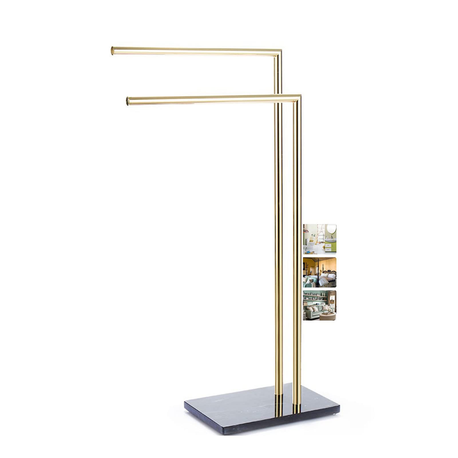 Porte-serviettes autoportant double barre de salle de bain et étendoir noir et or