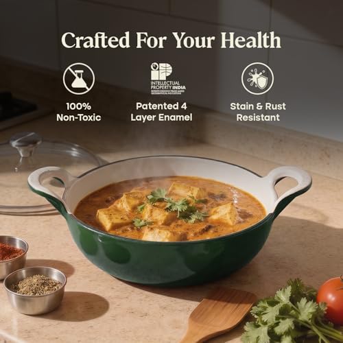 Image of CUMIN CO. Cast Iron Kadai with Lid | 3L, 26 cm | Induction Base Cookware |10 Years Warranty | Non Toxic Heavy Bottom Kadhai for Frying | Chemical Free Coating | Free Accessories | Green
