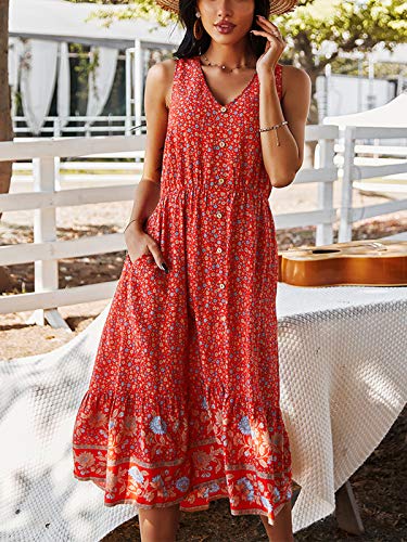 Image of TEMOFON Women Dress Summer Sleeveless Bohemian: Floral V Neck Button Down Flowy Boho Dresses S-XL