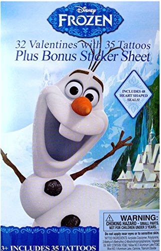 Disney Frozen Olaf 32 Valentines with 35 Tattoos Plus Bonus Sticker Sheet Includes 48 Heart Shaped Seal