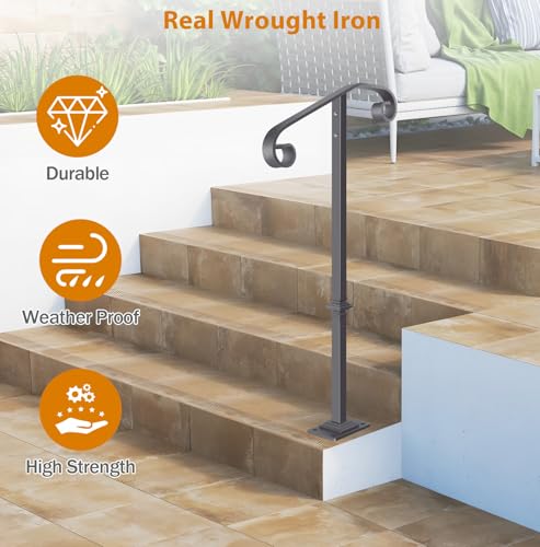 Rampe de main courante escalier extérieur 1-2 marches, garde-corps gris en fer forgé robust