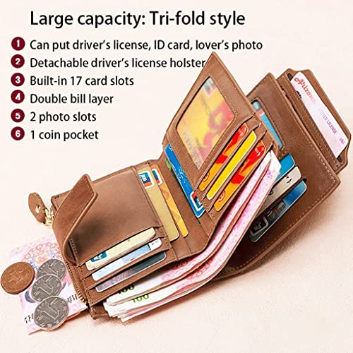 Wallet Women's Leather Wallet Large Capacity Short Style Coin Purses Simple Retro Coins Pocket Unisex 17 Card Slots Tear-Resistant,Khaki4