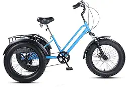 Bicicleta triciclo para adultos 20 polegadas, bicicleta de 3 rodas de 7 velocidades, pneu 4.0, triciclo de ciclismo cruiser com cestas de compras e guarda-lamas, azul