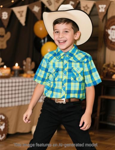 Image of COSLAND Boy's Toddler Cotton Western Short Sleeve Button Down Plaid Shirt, 4-14 Years