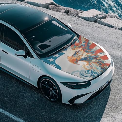 Image of USA Flag Bald Eagle Car Hood Cover Protector Car Hood Wraps Auto Patriotic Decorations Automotive Exterior Accessories for Most SUVs Sedans Trucks Jeep