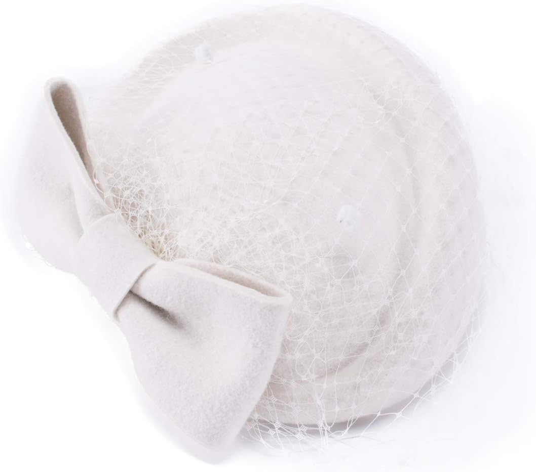 LawlietWomens Dress Fascinator Wool Felt Pillbox Hat Bow Veil