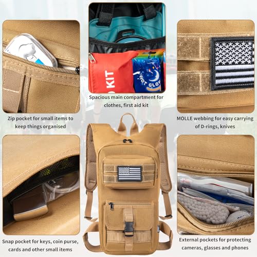 Image of Hydration Backpack, Tactical Molle Water with 2L TPU Water Bladder, for Men Women Lightweight Water Backpack, Hydration Pack for Hiking, Biking, Climbing and Hunting, Khaki