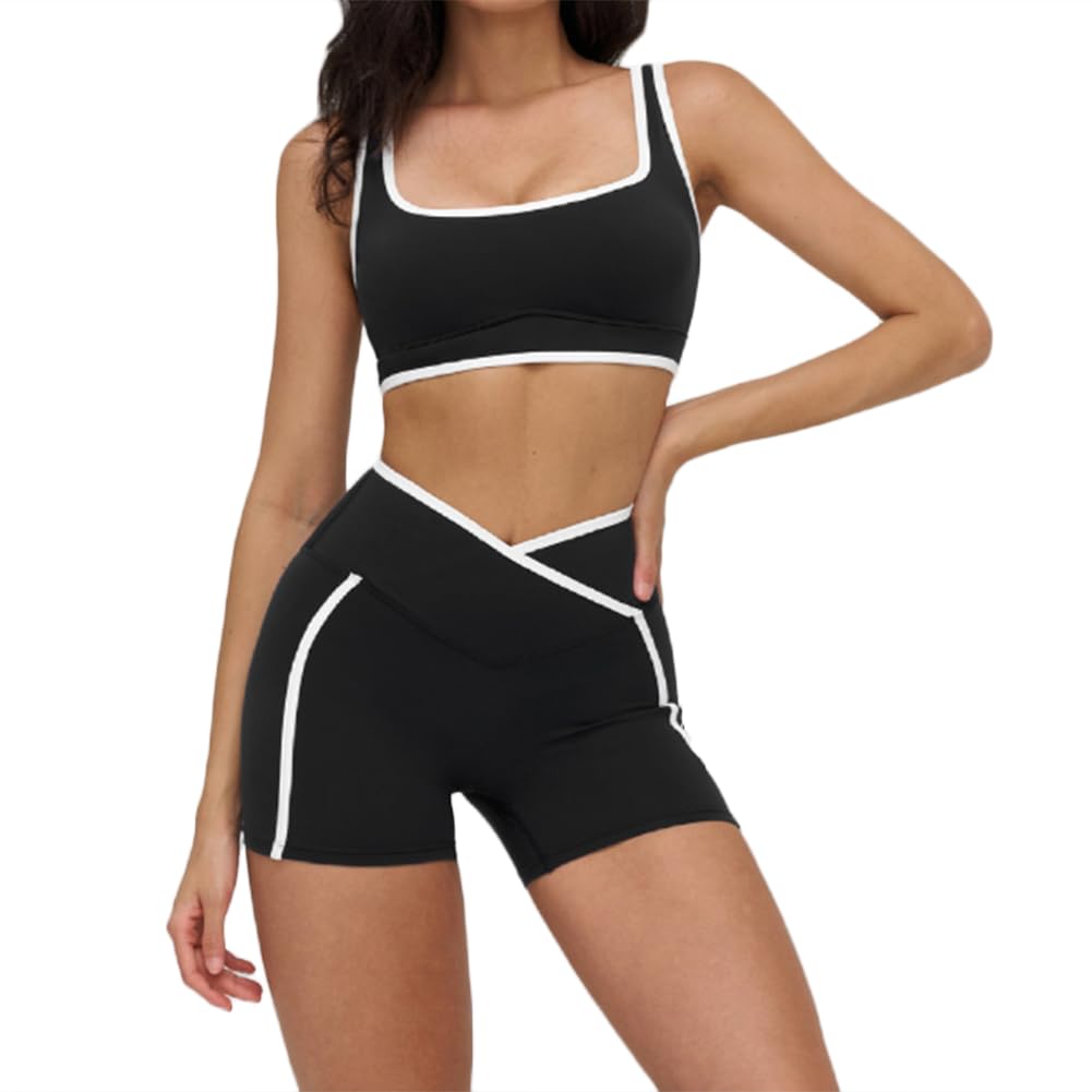 XYFfybhsd Women 2 Piece Contrast Color Quick Dry Yoga Set Beauty Sportswear Push Hip Shorts Pants Yoga Workout (Size:M,Color:Black 1)